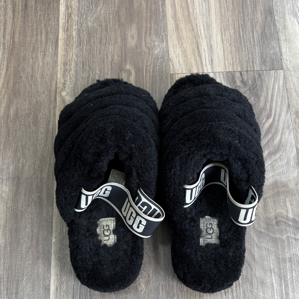 UGG Black Fluffy Slide Slippers